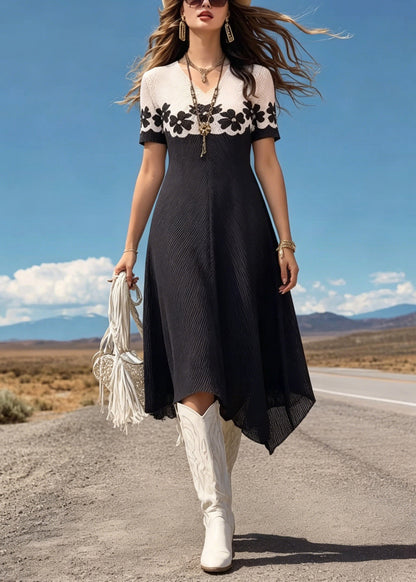 Stylish Colorblock V Neck Patchwork Ice Silk Long Dresses Summer