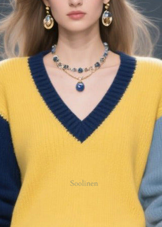 Stylish Colorblock V Neck Patchwork Lace Sweater Tops Winter