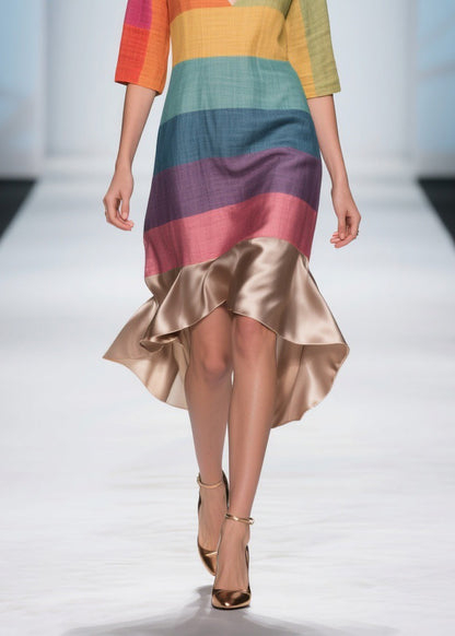 Stylish Colorblock V Neck Patchwork Linen Silk Dresses Summer
