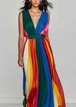 Load image into Gallery viewer, Stylish Colorblock V Neck Patchwork Silk Long Dresses Sleeveless