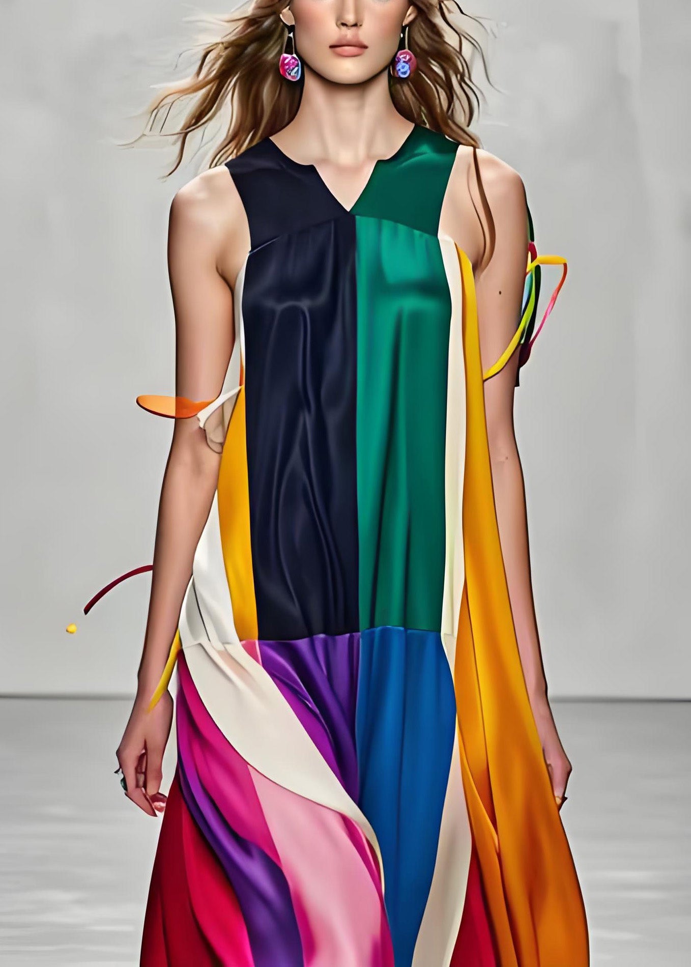 Stylish Colorblock V Neck Patchwork Silk Maxi Dress Sleeveless