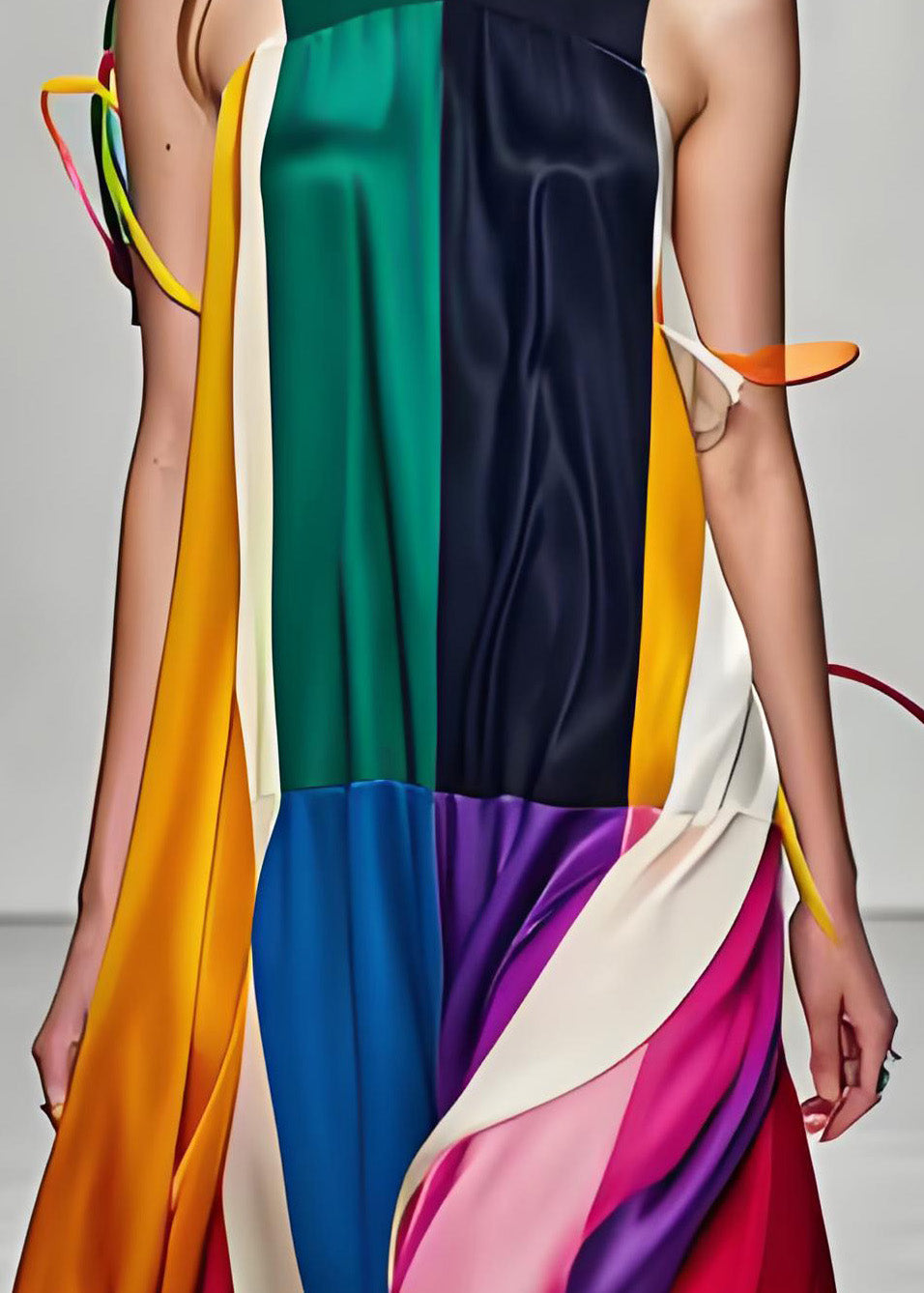 Stylish Colorblock V Neck Patchwork Silk Maxi Dress Sleeveless