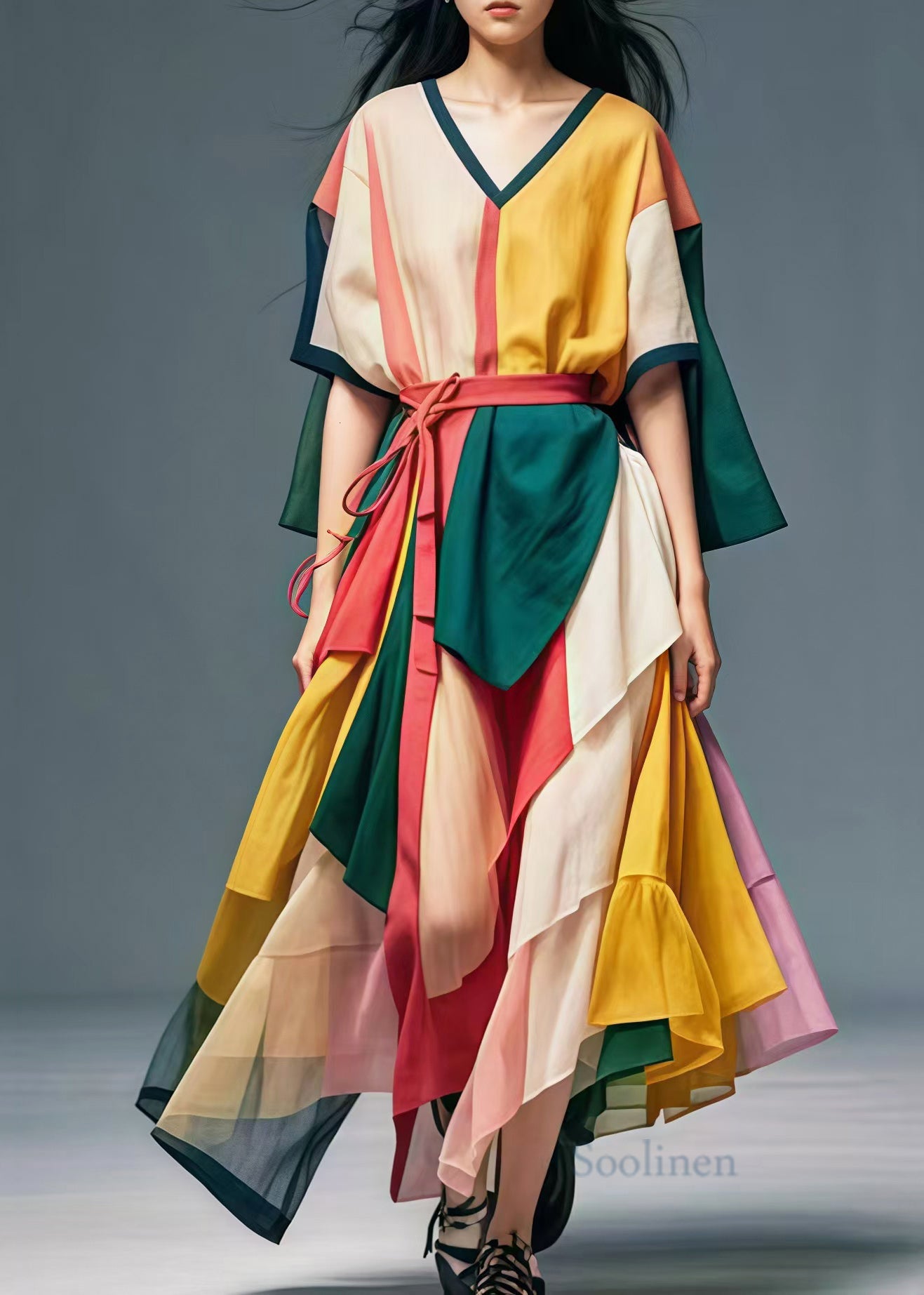 Stylish Colorblock V Neck Patchwork Tulle Ankle Dress Summer