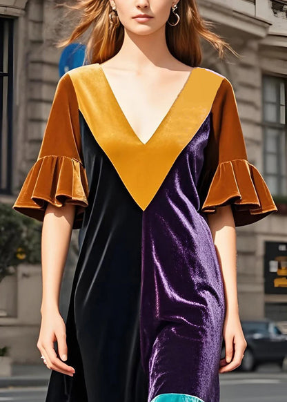 Stylish Colorblock V Neck Patchwork Velvet Dress Butterfly Sleeve