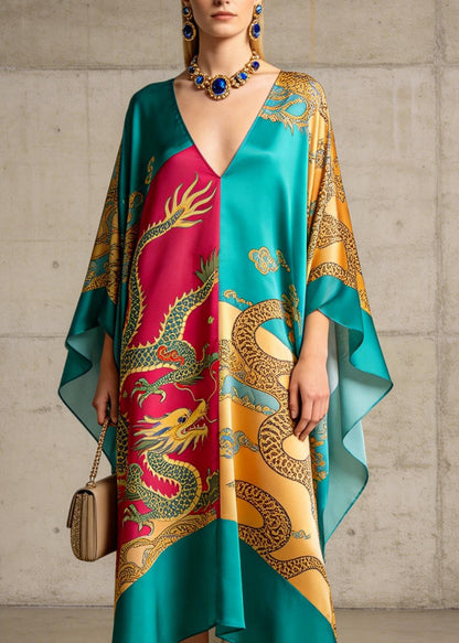 Stylish Colorblock V Neck Print Chiffon Long Dress Summer