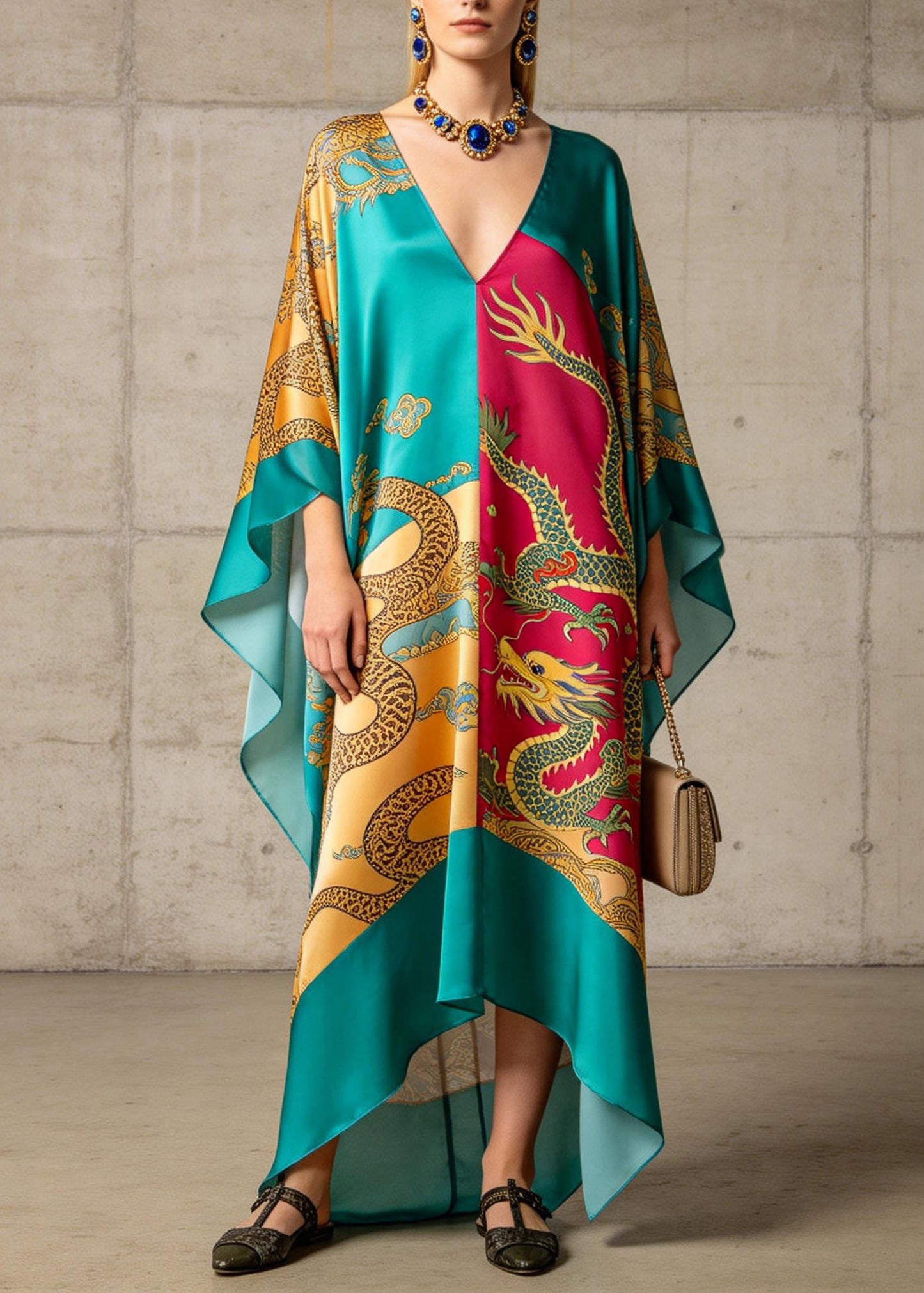 Stylish Colorblock V Neck Print Chiffon Long Dress Summer