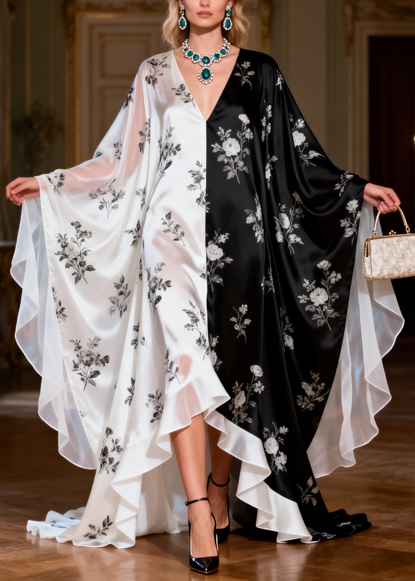 Stylish Colorblock V Neck Print Chiffon Maxi Dresses Batwing Sleeve