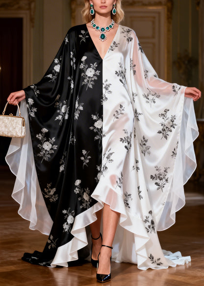 Stylish Colorblock V Neck Print Chiffon Maxi Dresses Batwing Sleeve