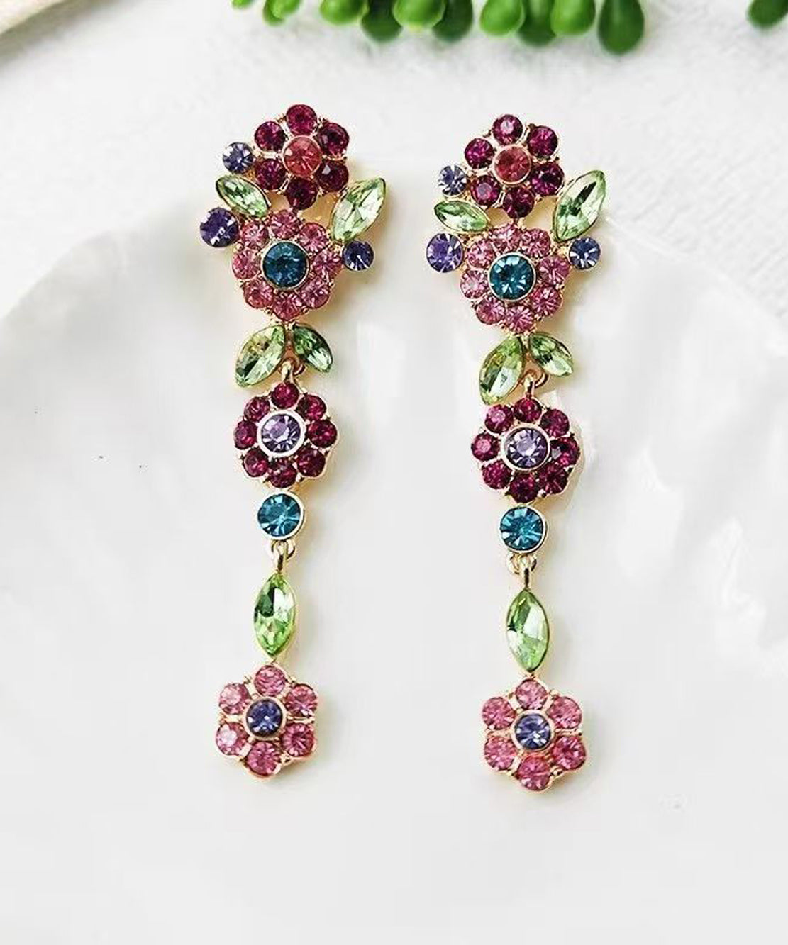 Stylish Colorful Floral Alloy Imitation Zircon Silver Needle Long Drop Earrings