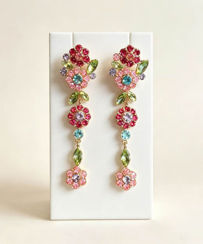 Stylish Colorful Floral Alloy Imitation Zircon Silver Needle Long Drop Earrings