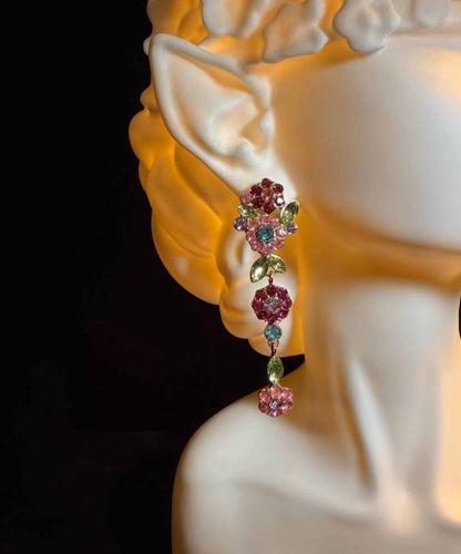 Stylish Colorful Floral Alloy Imitation Zircon Silver Needle Long Drop Earrings