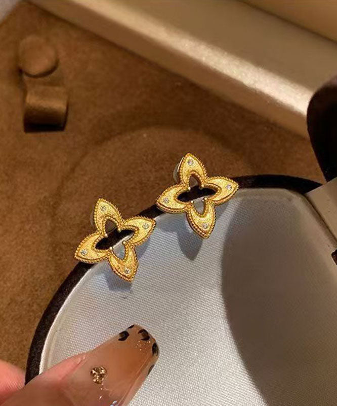 Stylish Copper Overgild Zircon Hollow Out Four-Leaf Clover Stud Earrings