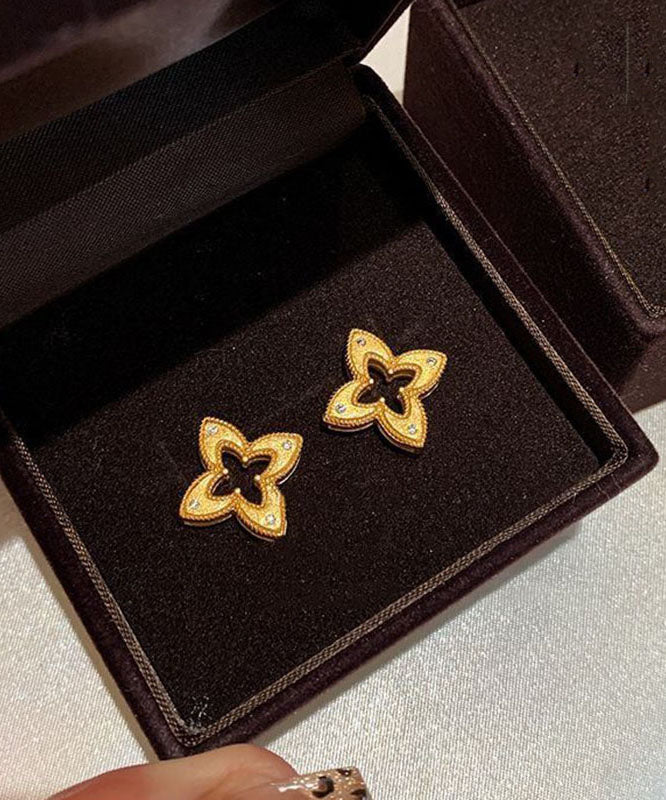 Stylish Copper Overgild Zircon Hollow Out Four-Leaf Clover Stud Earrings