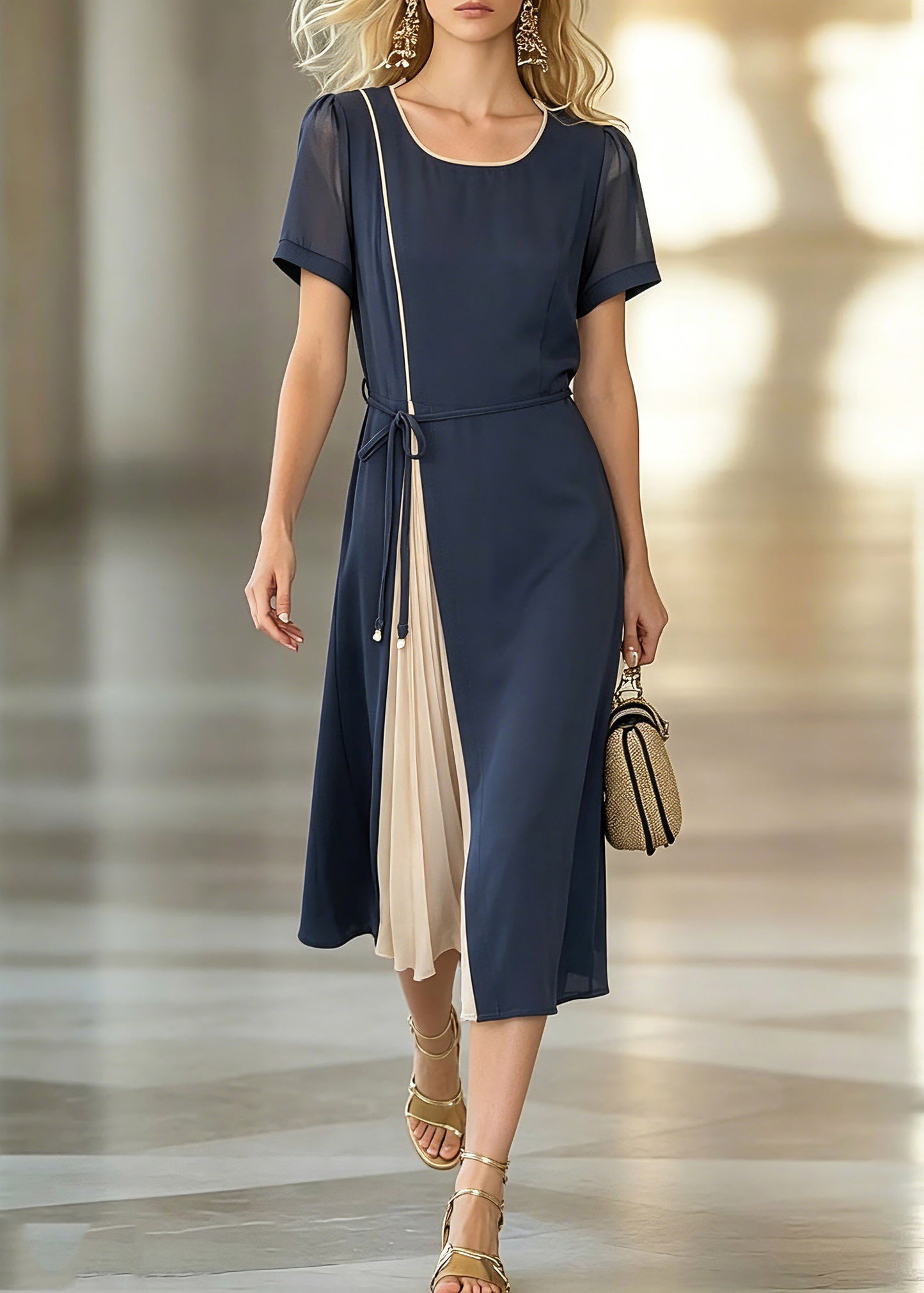 Stylish Dark Blue O-Neck Asymmetrical Patchwork Tie Waist Chiffon Maxi Dresses Short Sleeve