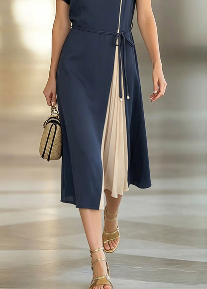 Stylish Dark Blue O-Neck Asymmetrical Patchwork Tie Waist Chiffon Maxi Dresses Short Sleeve