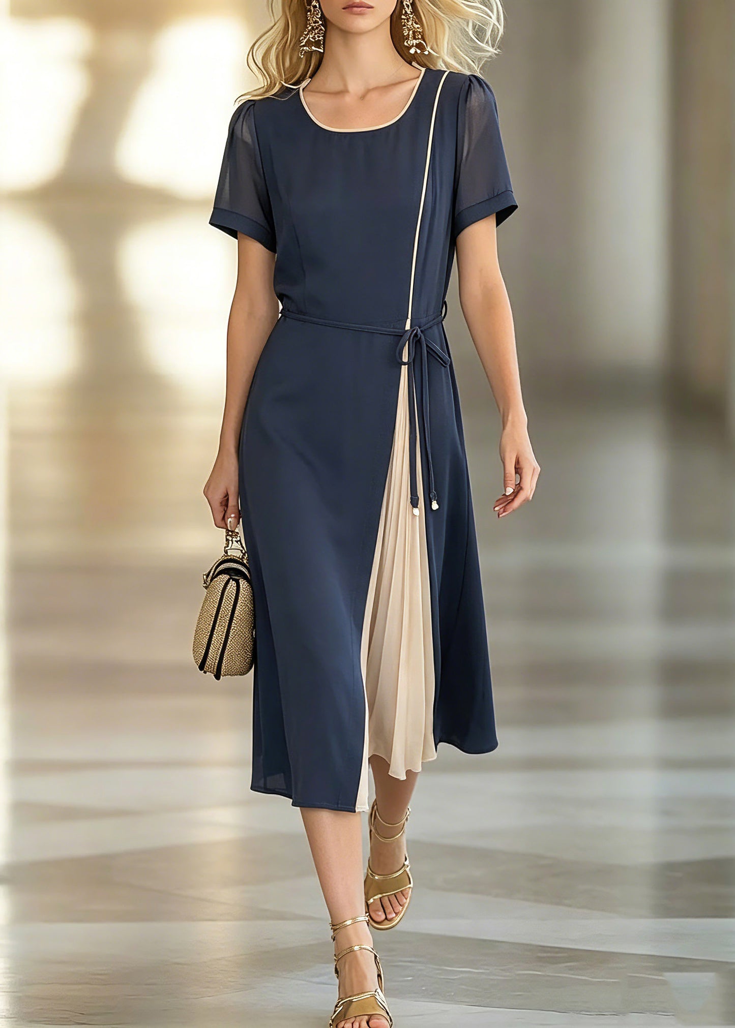 Stylish Dark Blue O-Neck Asymmetrical Patchwork Tie Waist Chiffon Maxi Dresses Short Sleeve