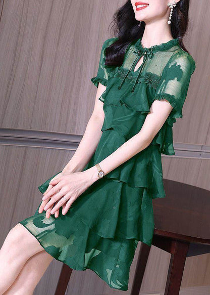 Stylish Dark Green Ruffled Patchwork Chiffon Dress Summer