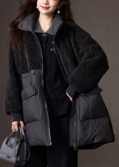 Stylish Dark Grey Peter Pan Collar Faux Fur Patchwork Down Coat Winter