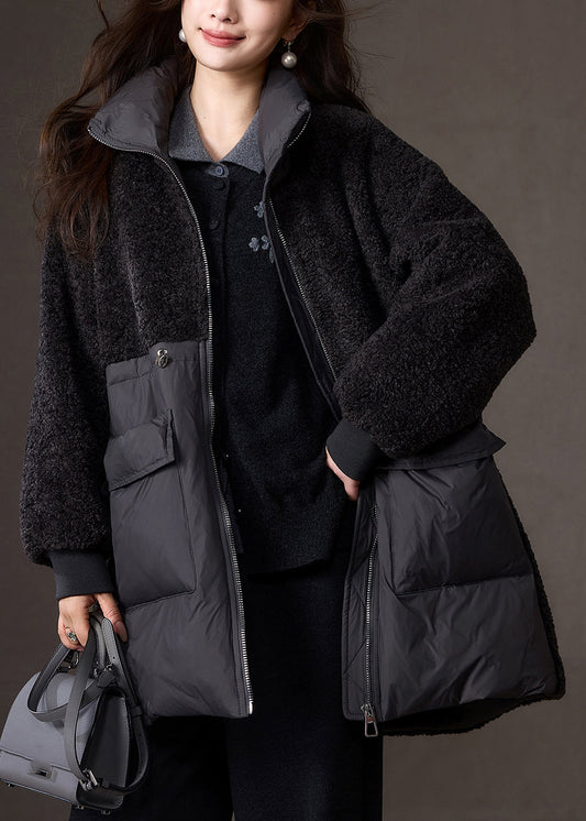 Stylish Dark Grey Peter Pan Collar Faux Fur Patchwork Down Coat Winter