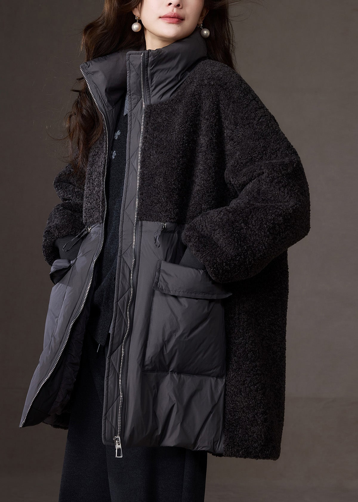 Stylish Dark Grey Peter Pan Collar Faux Fur Patchwork Down Coat Winter