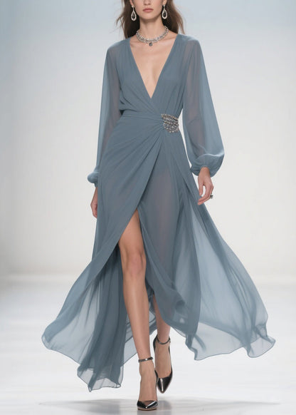 Stylish Deep Smoggy Blue V Neck Wrinkled Side Open Party Dress Spring