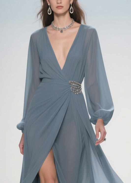 Stylish Deep Smoggy Blue V Neck Wrinkled Side Open Party Dress Spring