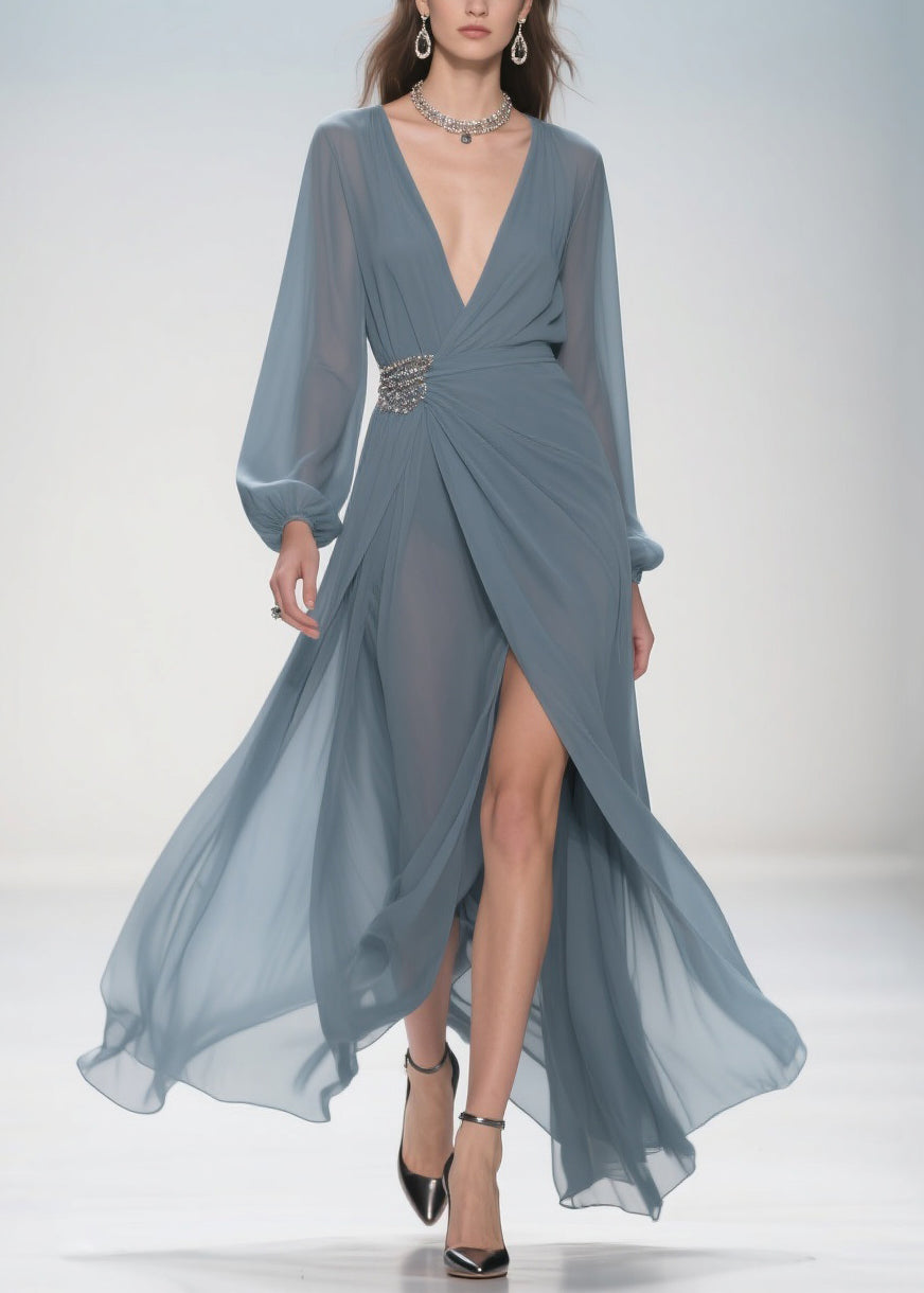 Stylish Deep Smoggy Blue V Neck Wrinkled Side Open Party Dress Spring