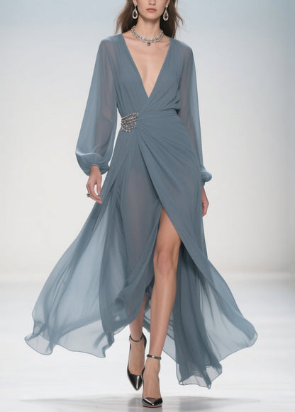 Stylish Deep Smoggy Blue V Neck Wrinkled Side Open Party Dress Spring