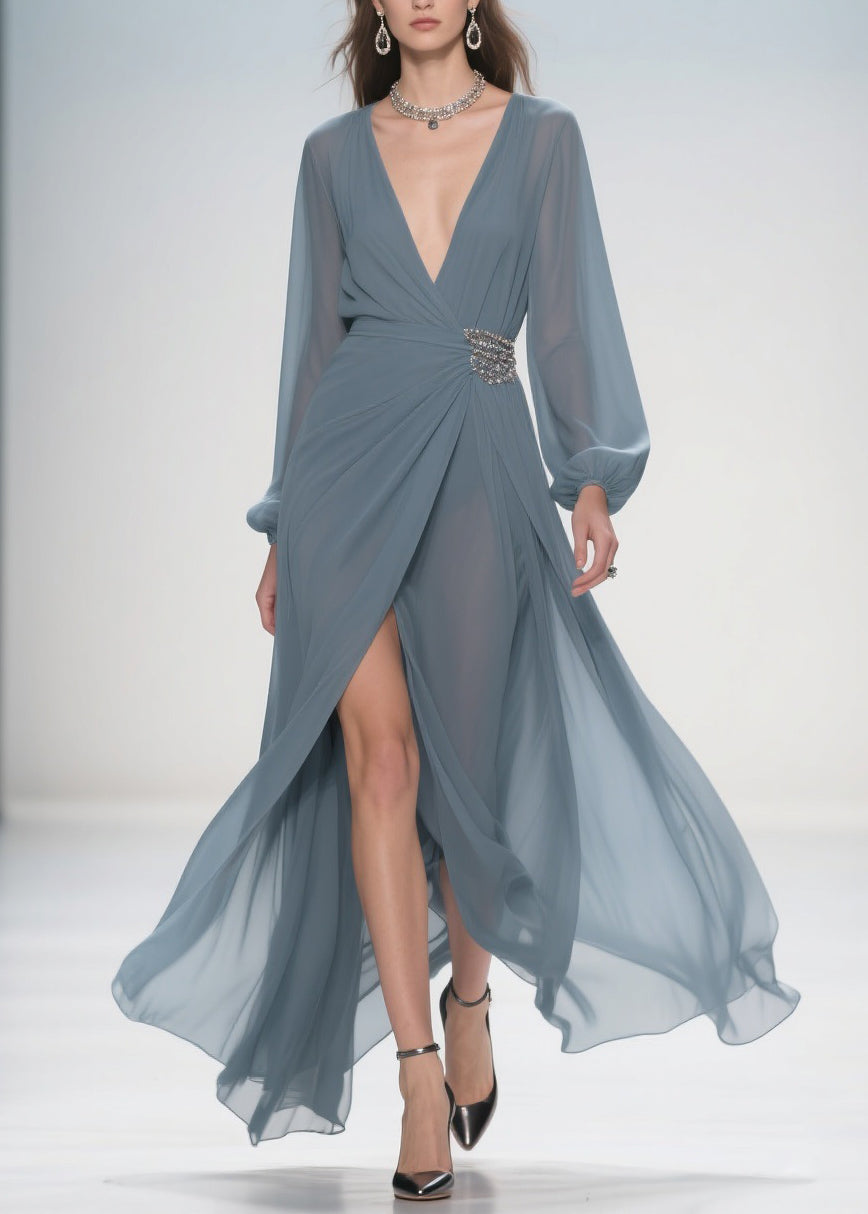 Stylish Deep Smoggy Blue V Neck Wrinkled Side Open Party Dress Spring