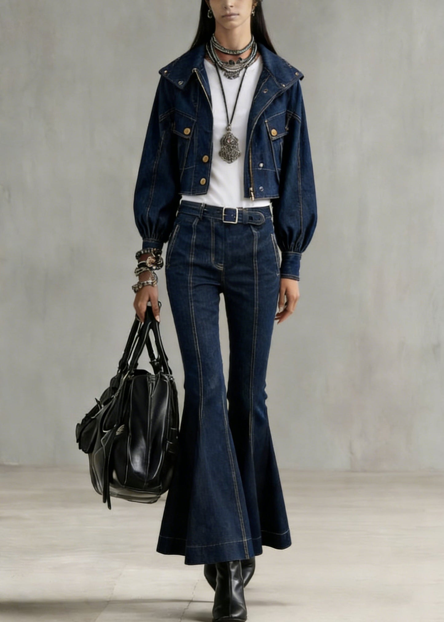 Stylish Denim Blue Peter Pan Collar Button Coats And Flared Jeans Spring