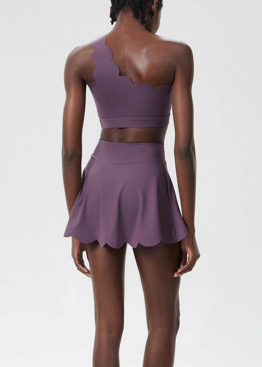 Stylish Dusty Purple Scalloped Asymmetrical Sports Bra High Waist Built-In Shorts Skirts Two Piece Set