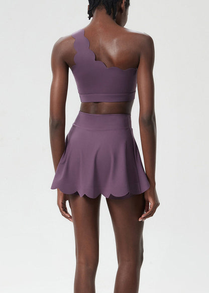 Stylish Dusty Purple Scalloped Asymmetrical Sports Bra High Waist Built-In Shorts Skirts Two Piece Set