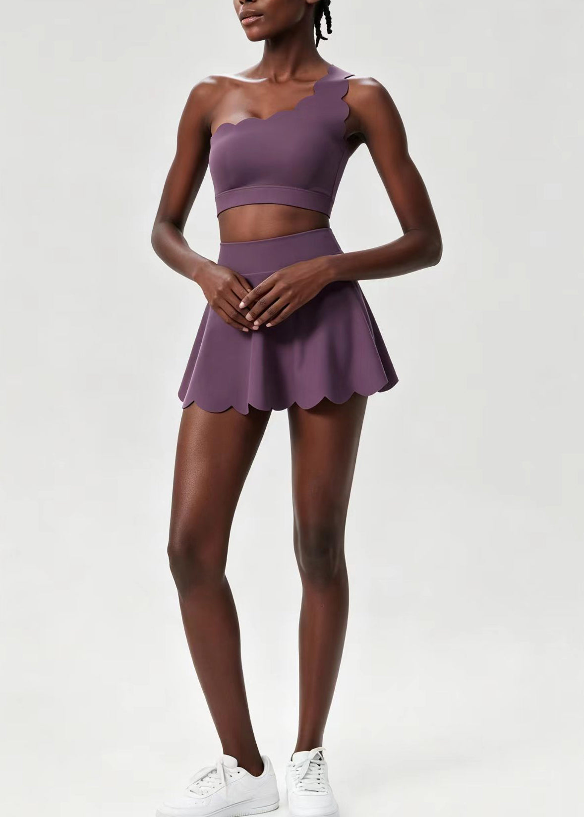 Stylish Dusty Purple Scalloped Asymmetrical Sports Bra High Waist Built-In Shorts Skirts Two Piece Set