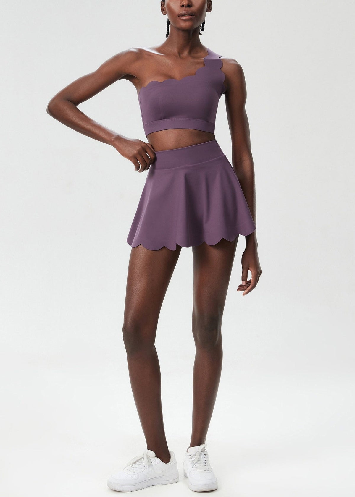 Stylish Dusty Purple Scalloped Asymmetrical Sports Bra High Waist Built-In Shorts Skirts Two Piece Set
