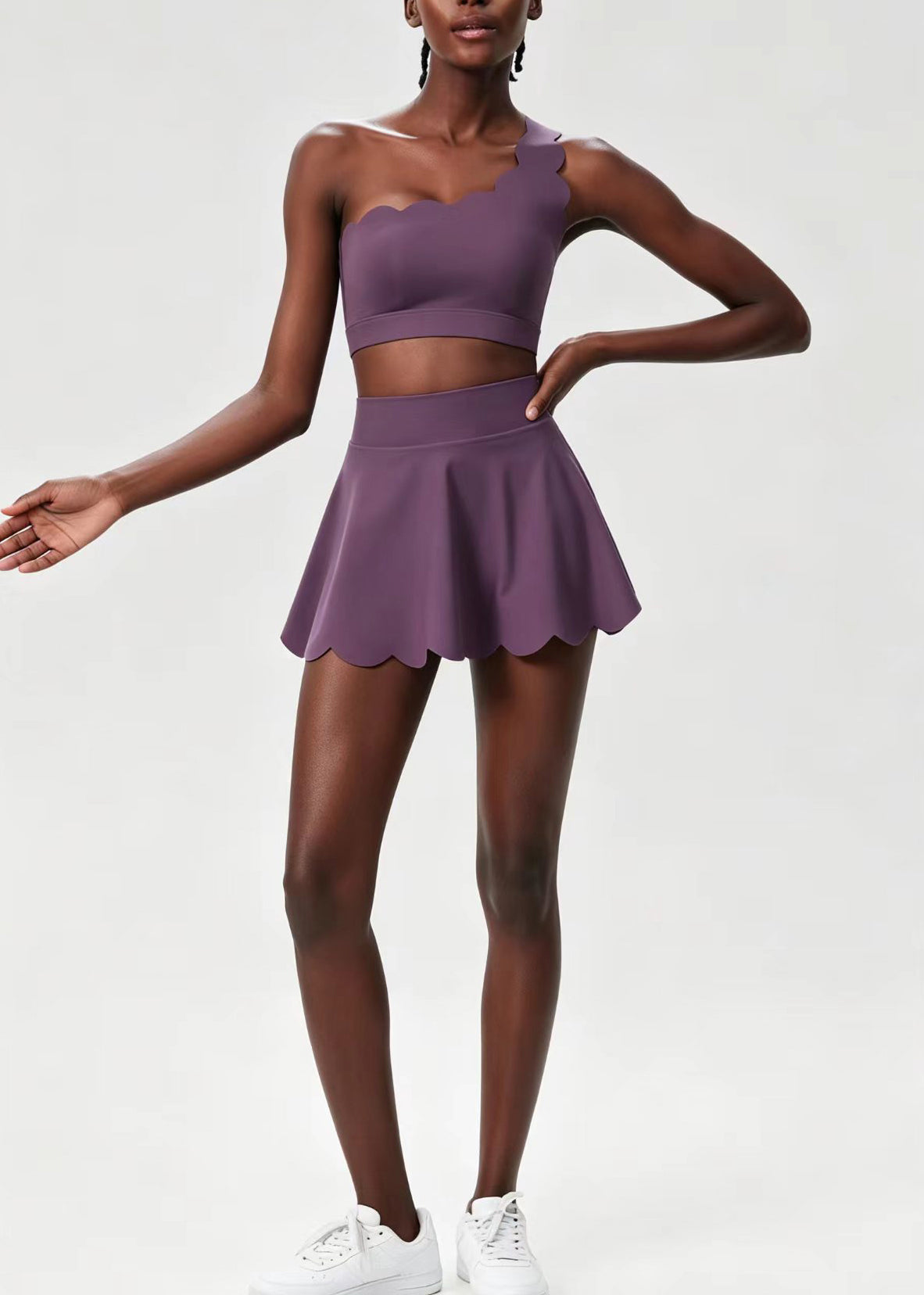 Stylish Dusty Purple Scalloped Asymmetrical Sports Bra High Waist Built-In Shorts Skirts Two Piece Set