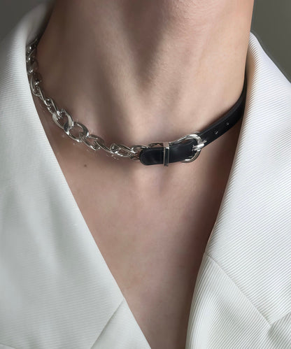 Stylish Faux Leather Strap Connect Tungsten steel Choker