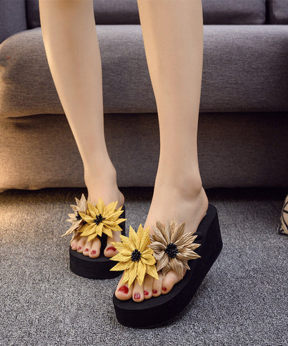 Stylish Floral Splicing Flip Flops Sandals Black Cotton Fabric