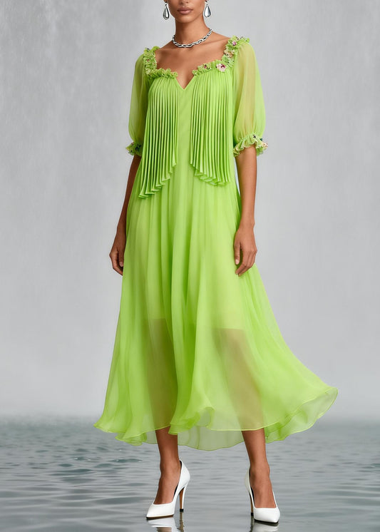 Stylish Fluorescent Green Wrinkled Floral Chiffon Dress Summer