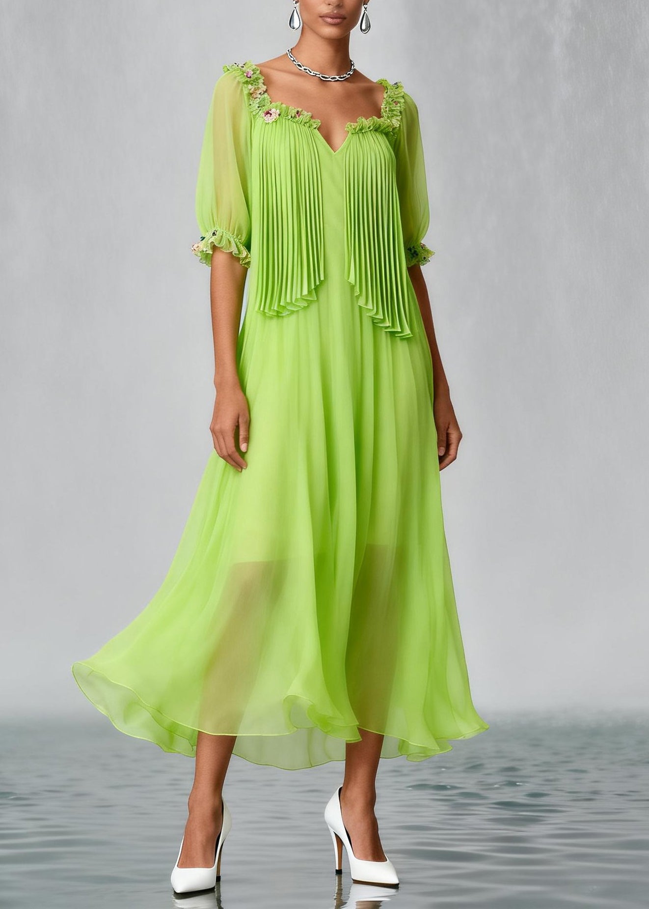 Stylish Fluorescent Green Wrinkled Floral Chiffon Dress Summer