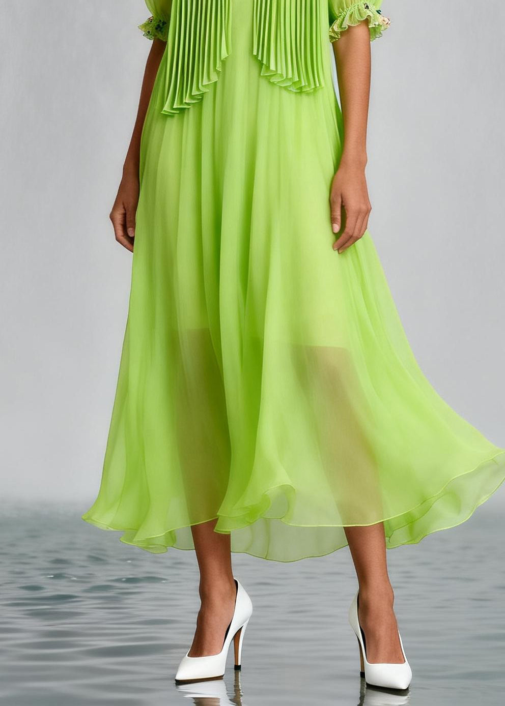 Stylish Fluorescent Green Wrinkled Floral Chiffon Dress Summer