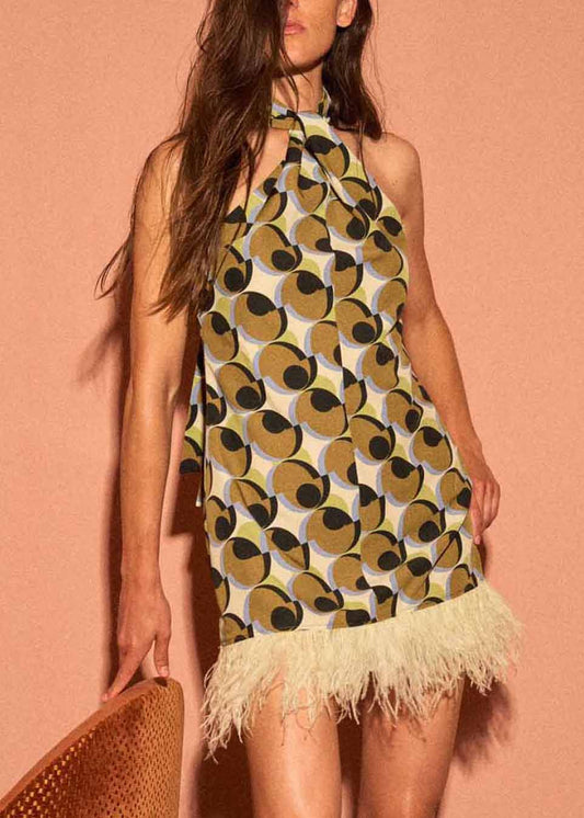 Stylish Geometric Print Tassel Patchwork Cotton Mid Dress Sleeveless