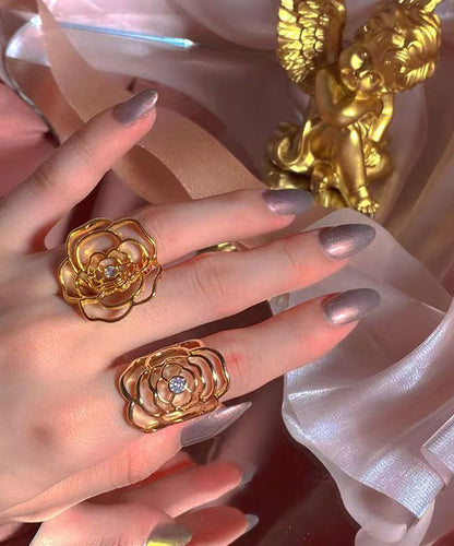 Stylish Gold Alloy Zircon Hollow Out Rose Open Rings Two-Piece Set