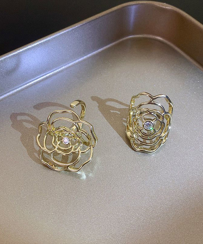 Stylish Gold Alloy Zircon Hollow Out Rose Open Rings Two-Piece Set