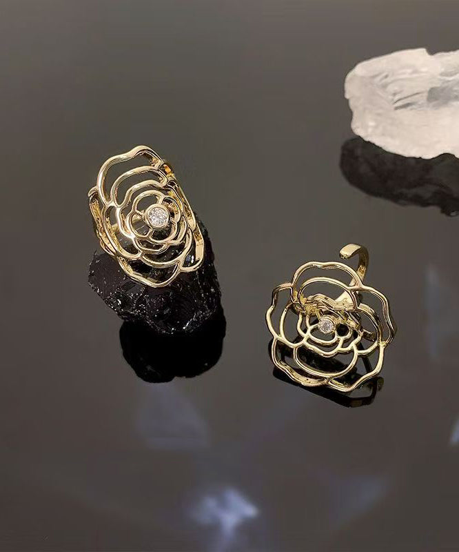Stylish Gold Alloy Zircon Hollow Out Rose Open Rings Two-Piece Set