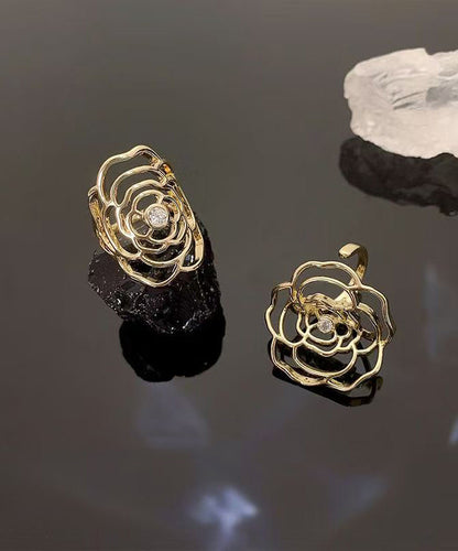 Stylish Gold Alloy Zircon Hollow Out Rose Open Rings Two-Piece Set