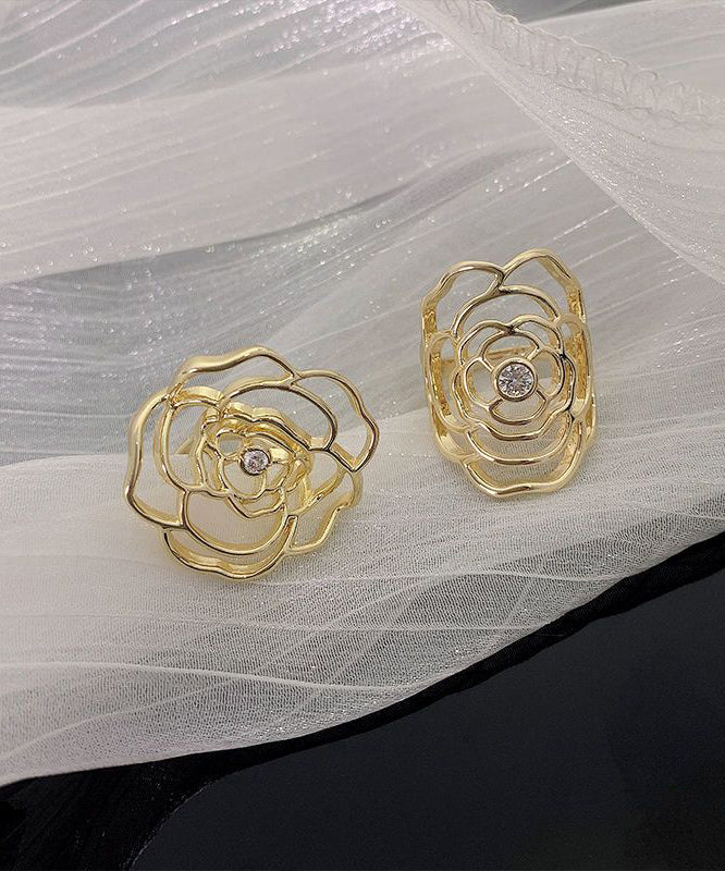 Stylish Gold Alloy Zircon Hollow Out Rose Open Rings Two-Piece Set