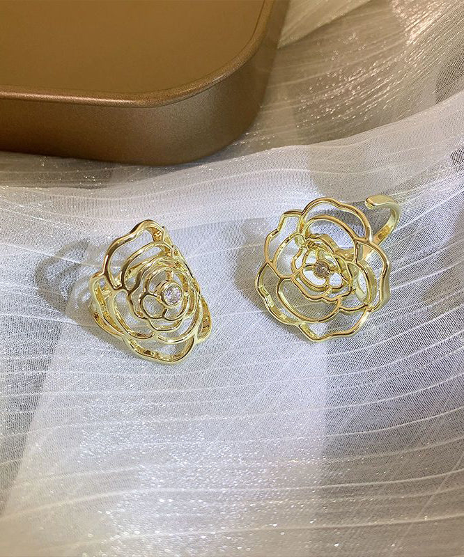 Stylish Gold Alloy Zircon Hollow Out Rose Open Rings Two-Piece Set