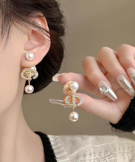 Stylish Gold Copper Alloy Zircon Graphic Pearl Drop Earrings