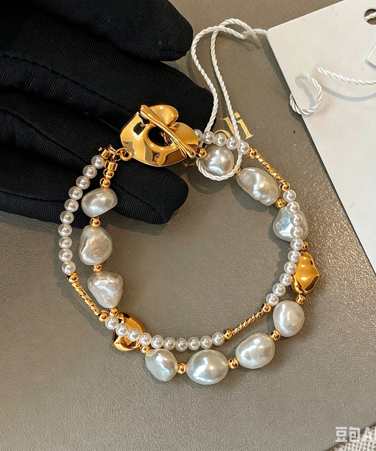 Stylish Gold Copper Overgild Pearl Double Layer Charm Bracelet