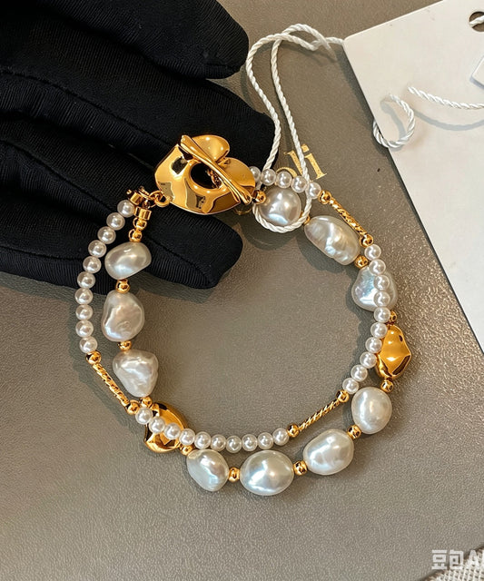 Stylish Gold Copper Overgild Pearl Double Layer Charm Bracelet